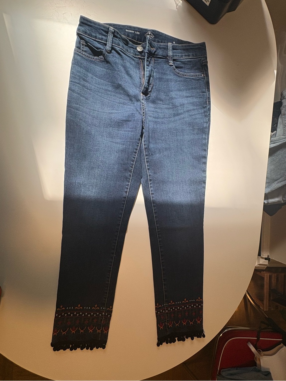 Dark Blue Embroidered Hem Boho Jeans - Size 6